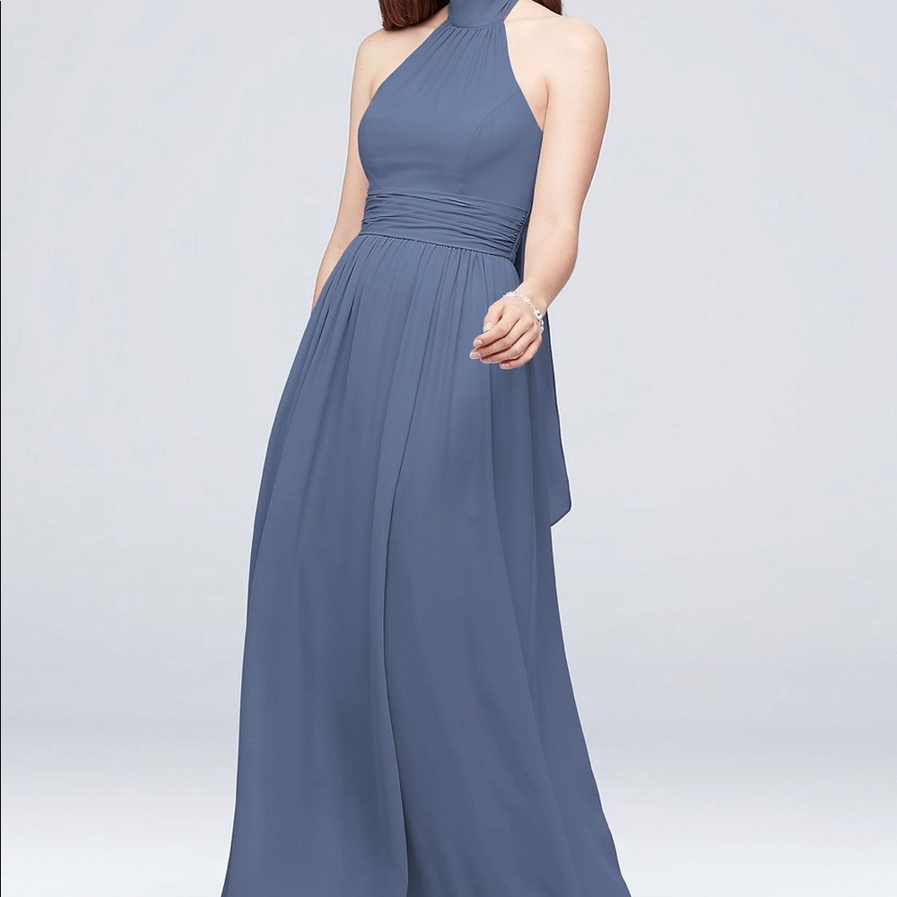 Tie Mock-Neck Ruched Georgette Bridesmaid Dress